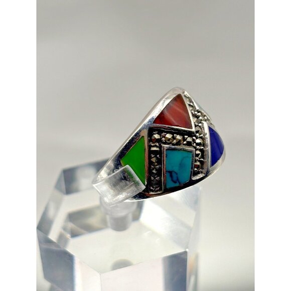 Sterling Silver Ring Multicolor Inlay Gemstones - Turquoise Lapis Onyx 7.5 6g Wt - Picture 3 of 10